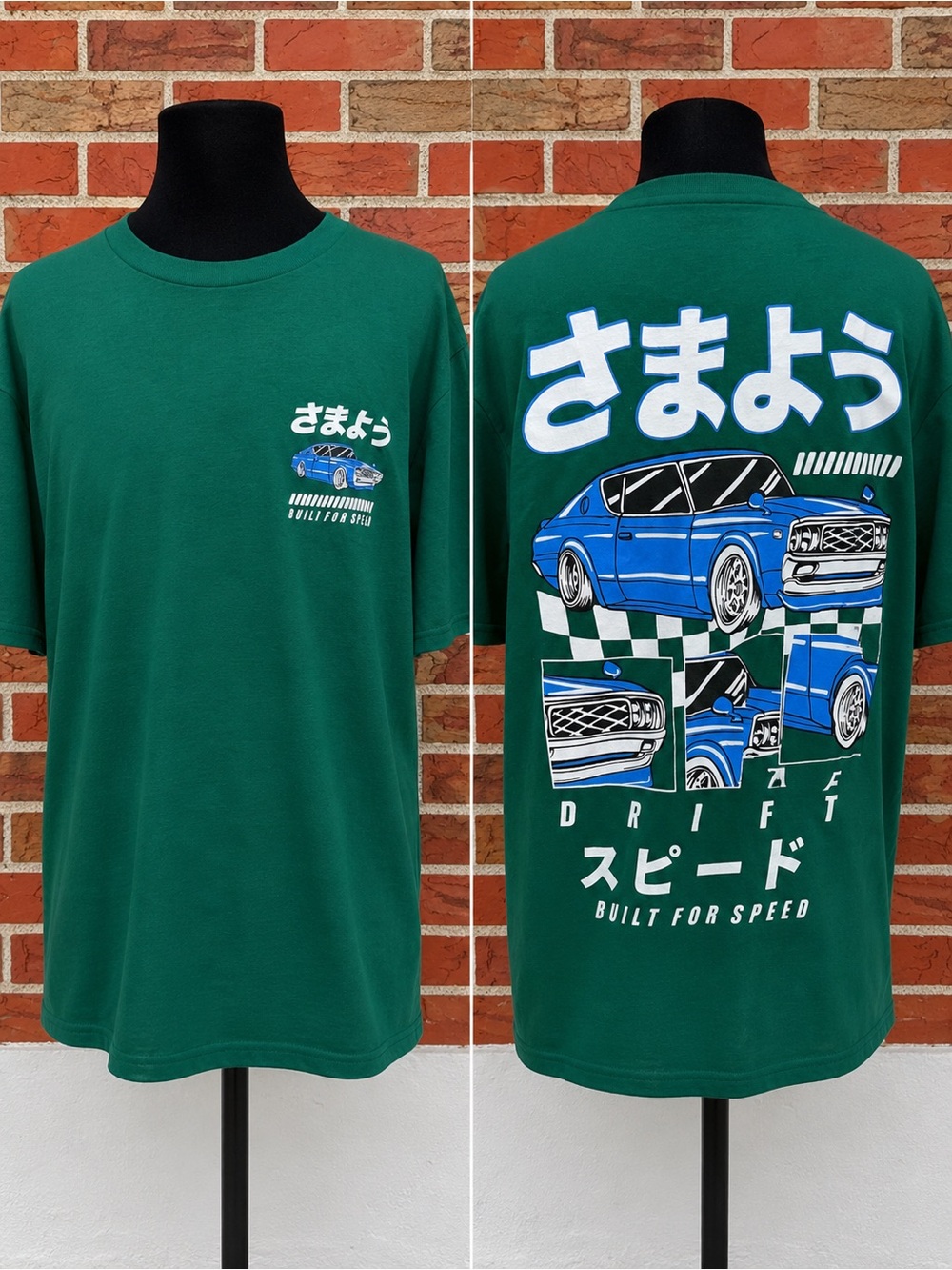 Men's Green Drift Graphic Tee with Blue Car Artwork